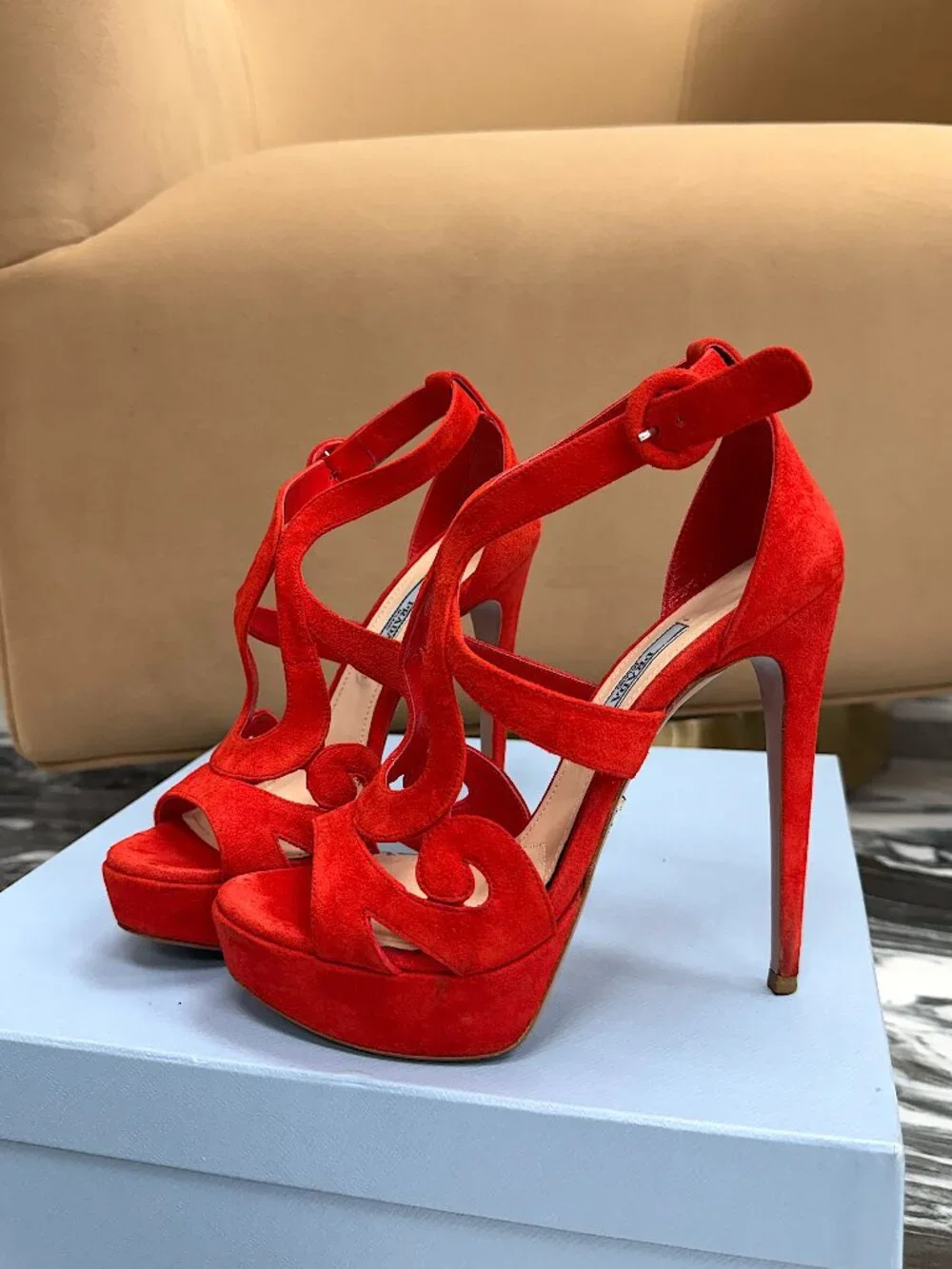 Prada Red Suede Platform Heels Strappy Sandals Stiletto Ankle Strap Size 37 - Picture 3 of 14